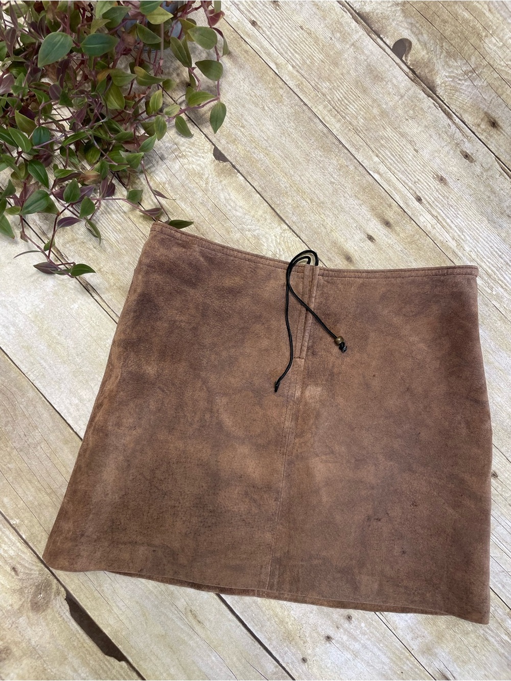 Brown leather suede mini skirt